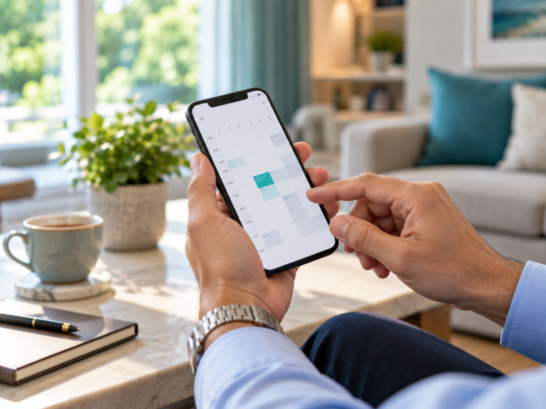 Hands holding a phone that shows a calendar with an appointment slot selected