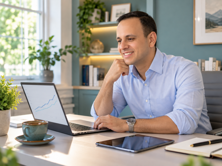 Dr Qurbain smiling at his desk, with a laptop showing a progress chart