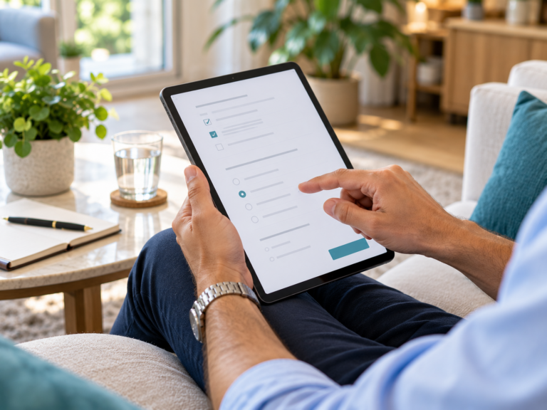 Hands holding a tablet showing a health questionnaire with tick boxes