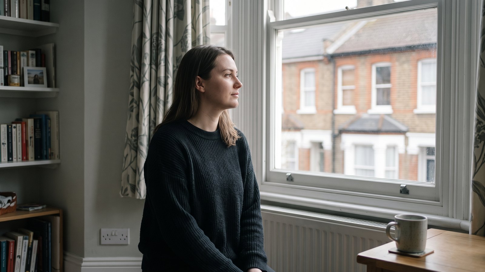 A woman in her twenties at home, looking out of a window in daylight
