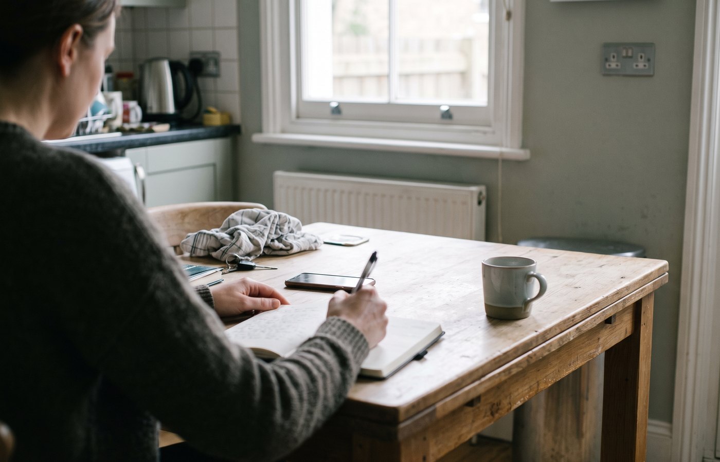A woman writing in a diary at a kitchen table