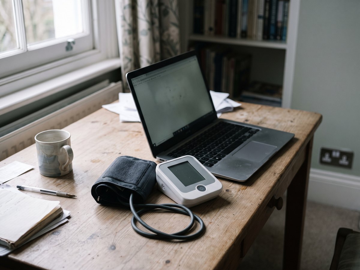 A home blood pressure monitor beside a laptop on a desk