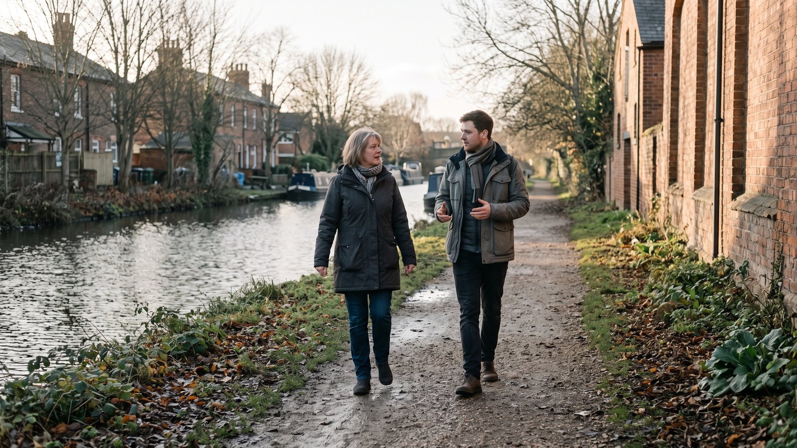 Two people walking and talking on a path in afternoon light