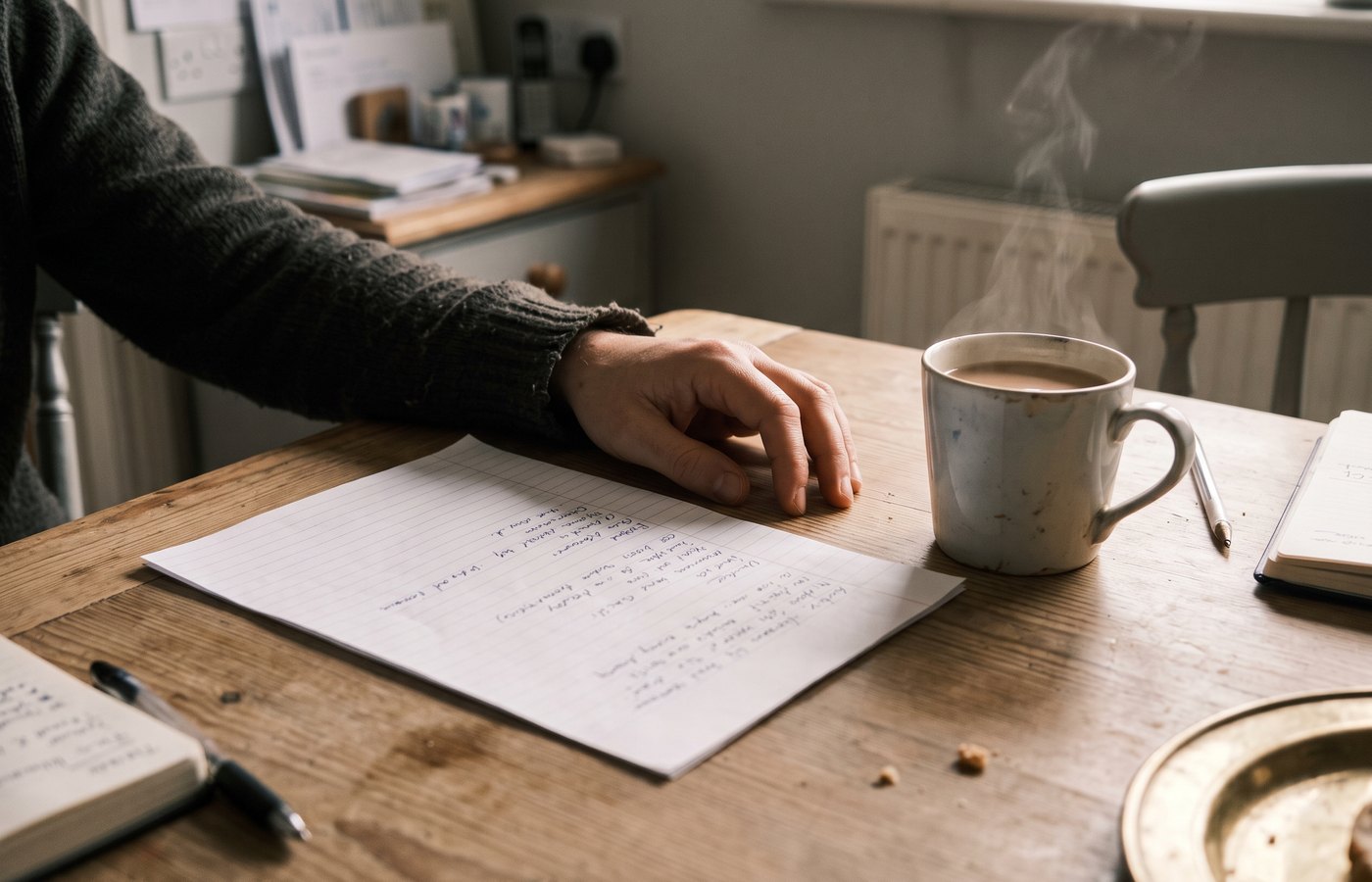 A handwritten note of goals beside a cup of tea