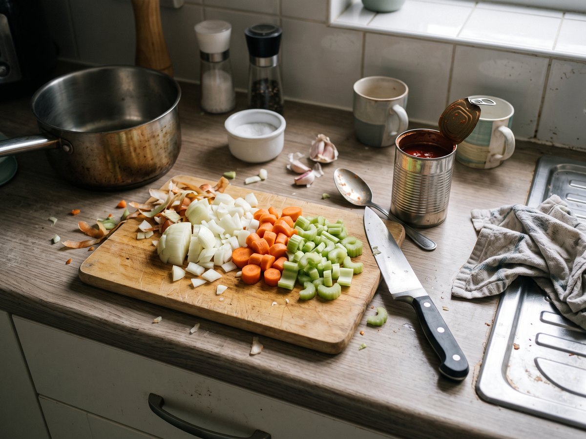 Vegetables and store-cupboard ingredients on a worktop mid-preparation