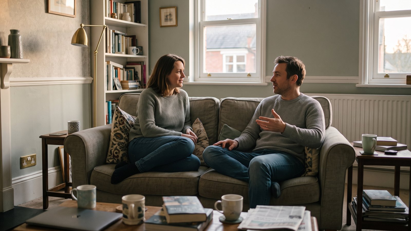 A couple sitting together at home, relaxed and talking