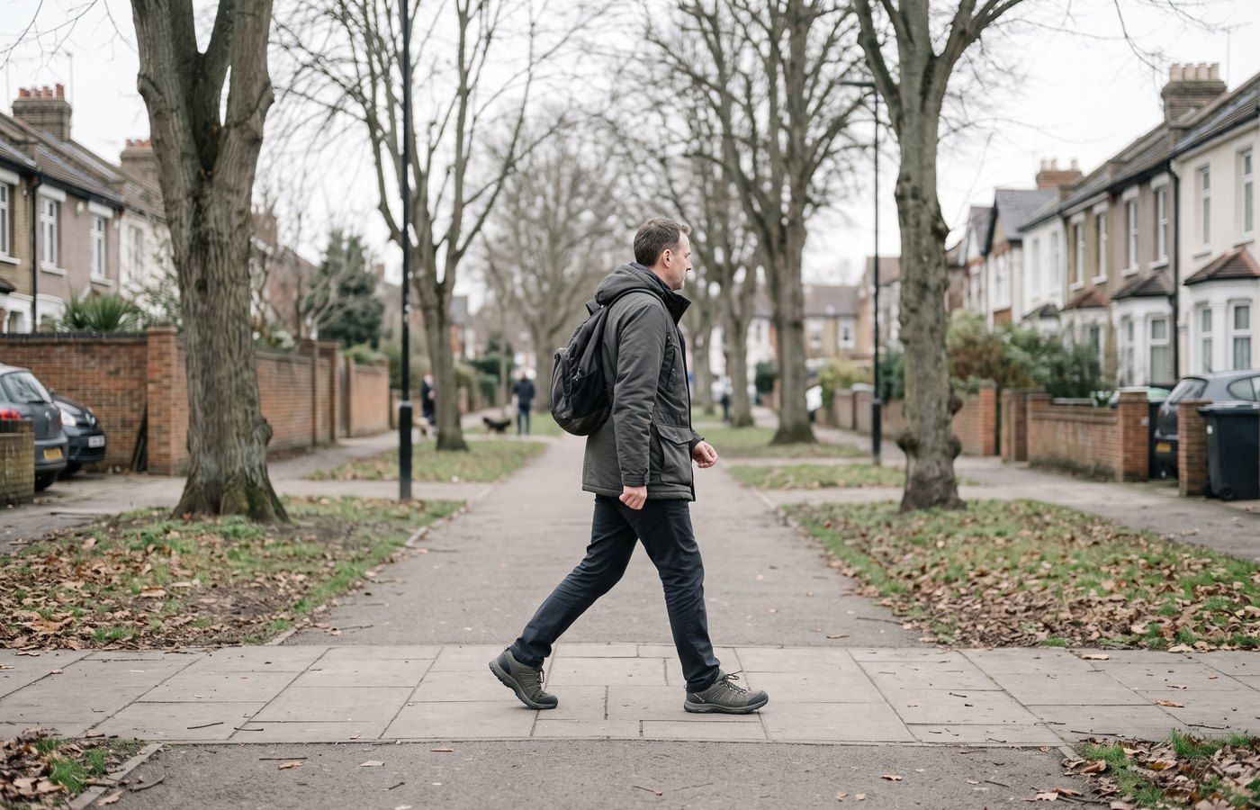 A man walking briskly outdoors