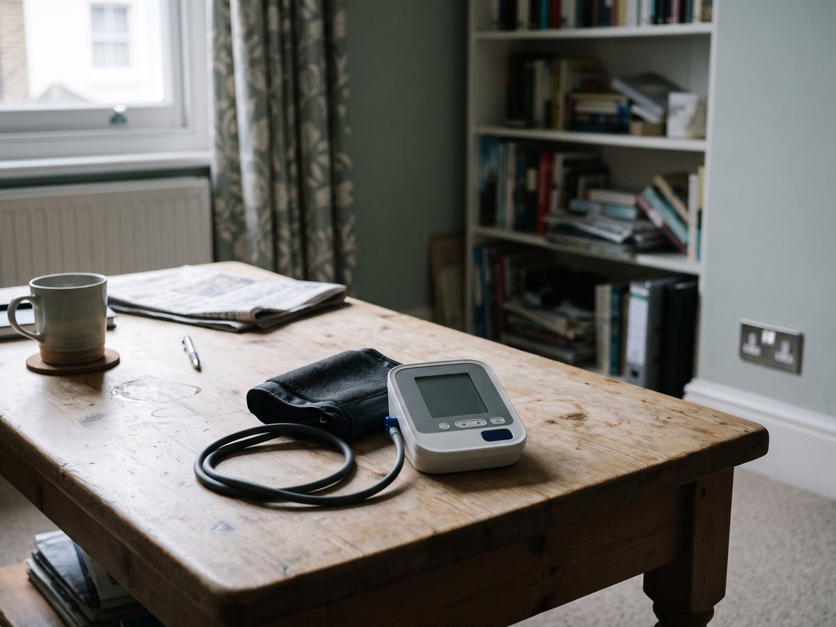 A home blood pressure monitor on a table