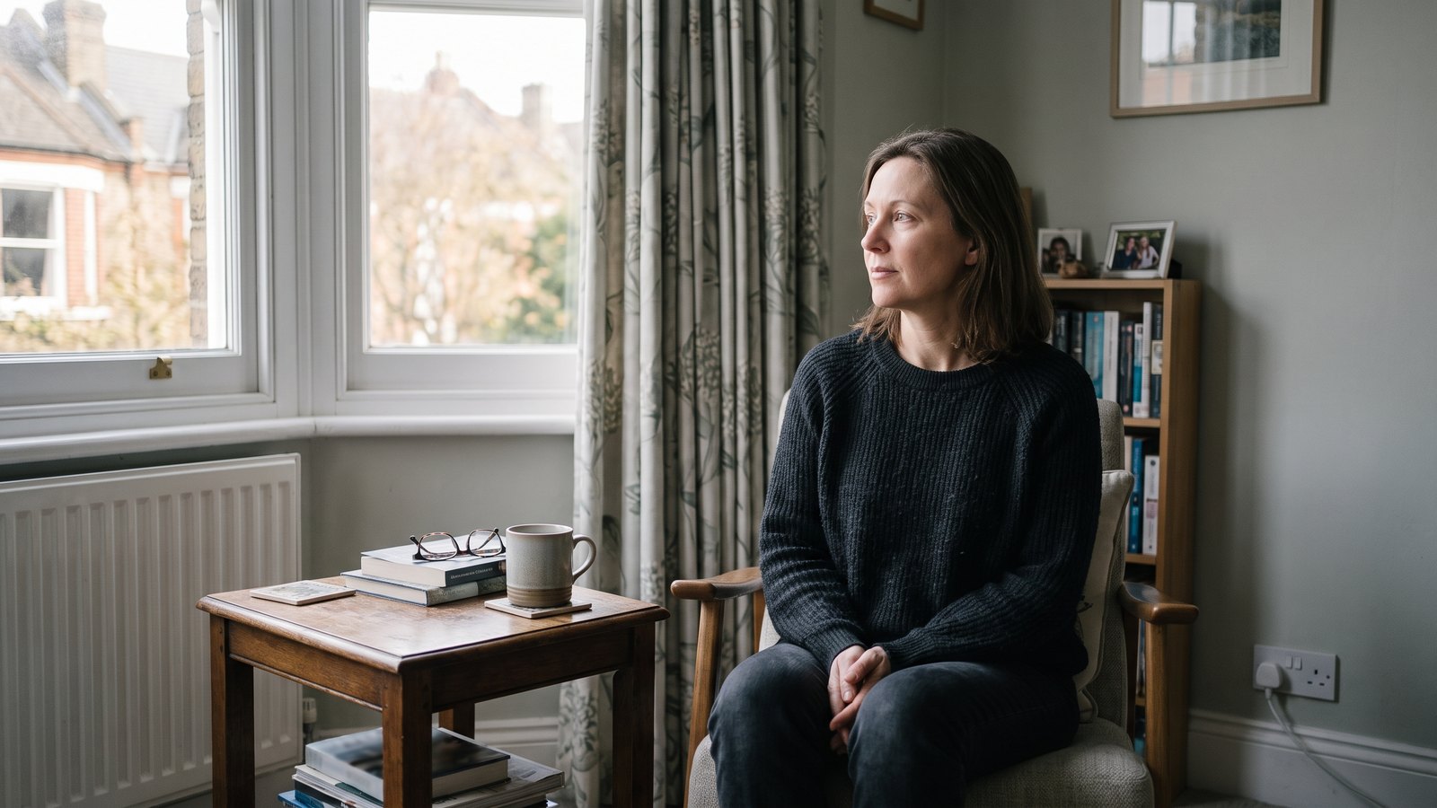 A woman in her late forties sitting by a window in morning light, thoughtful