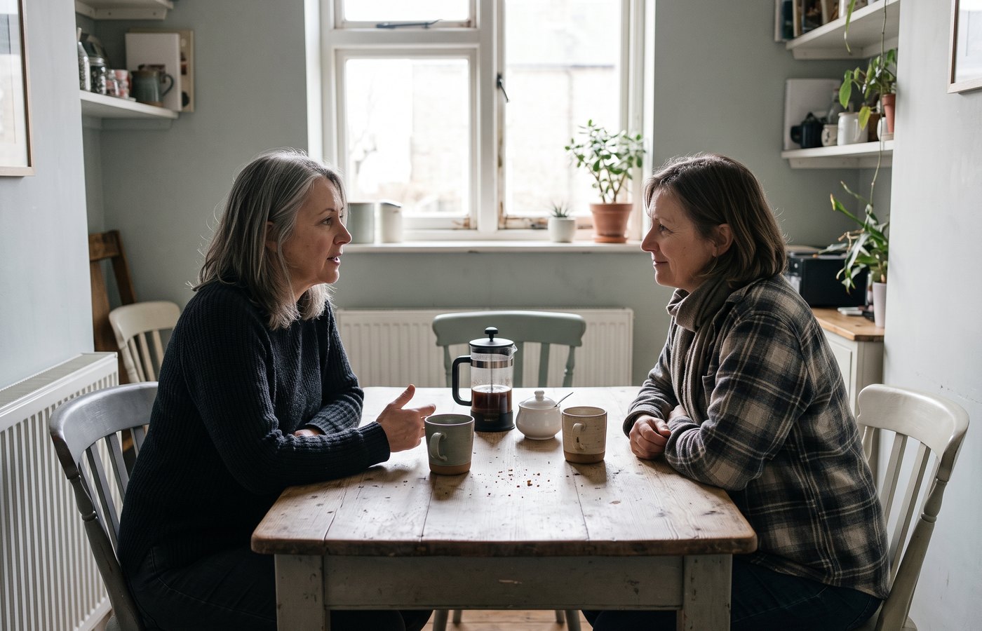 Two women talking over coffee