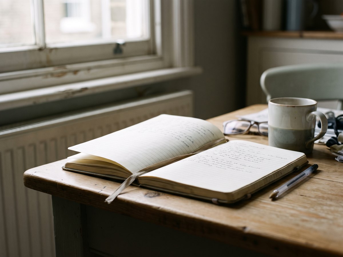 An open notebook and a pen on a table beside a window