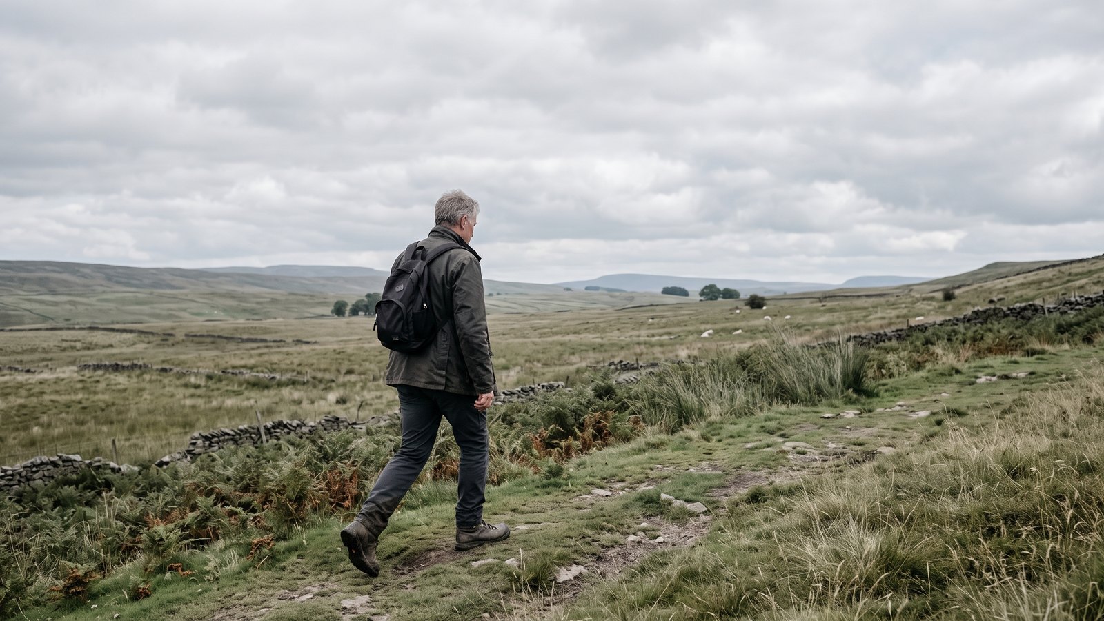 A person in their fifties walking up a hill in open countryside