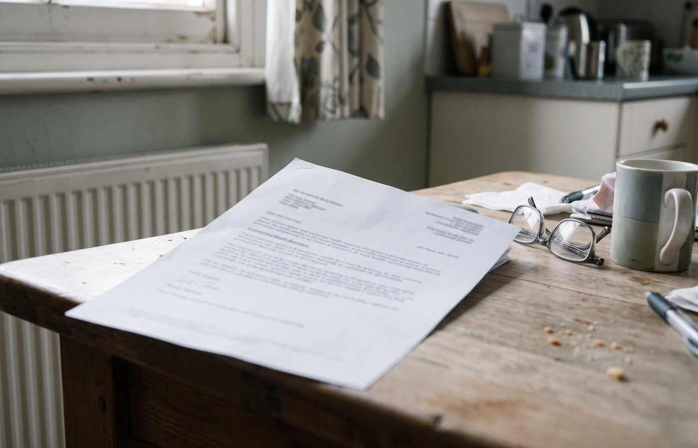 A printed health summary on a kitchen table