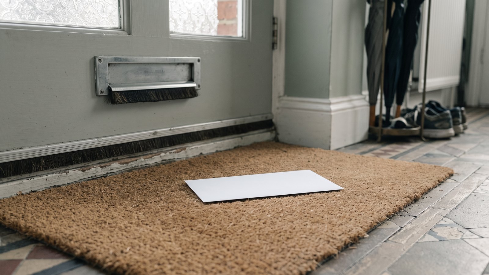 A postal testing kit envelope on a doormat