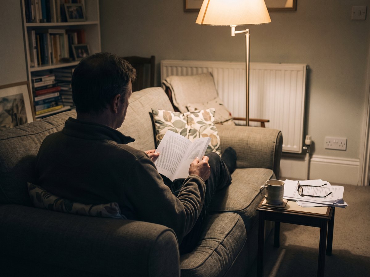 A person reading on a sofa in the evening