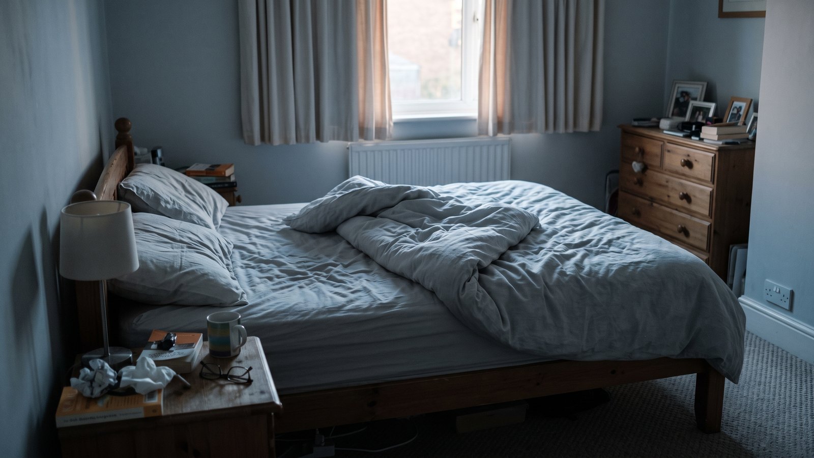 A bedroom at dawn with light coming through curtains