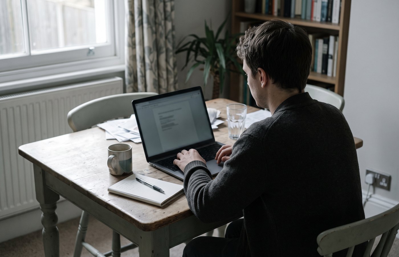 A person on a laptop in a quiet room during the day