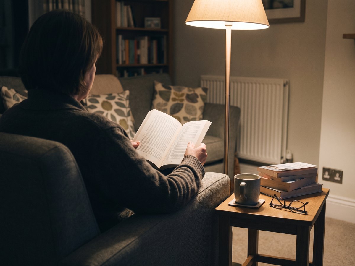 A person reading in a chair by a lamp in the evening
