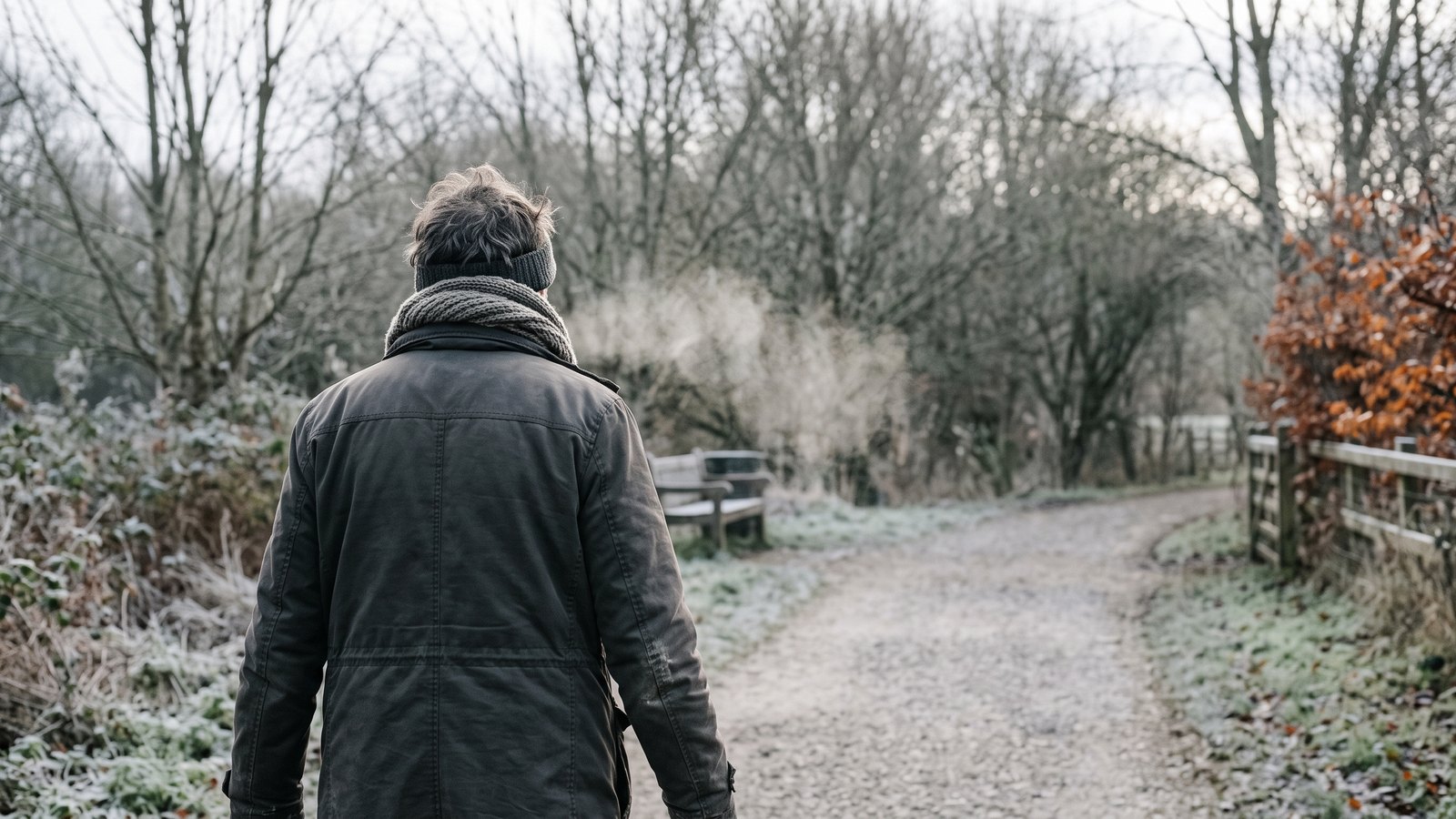 A person breathing out on a cold morning walk, seen from behind
