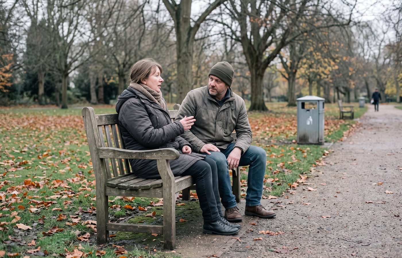 Two people talking on a park bench