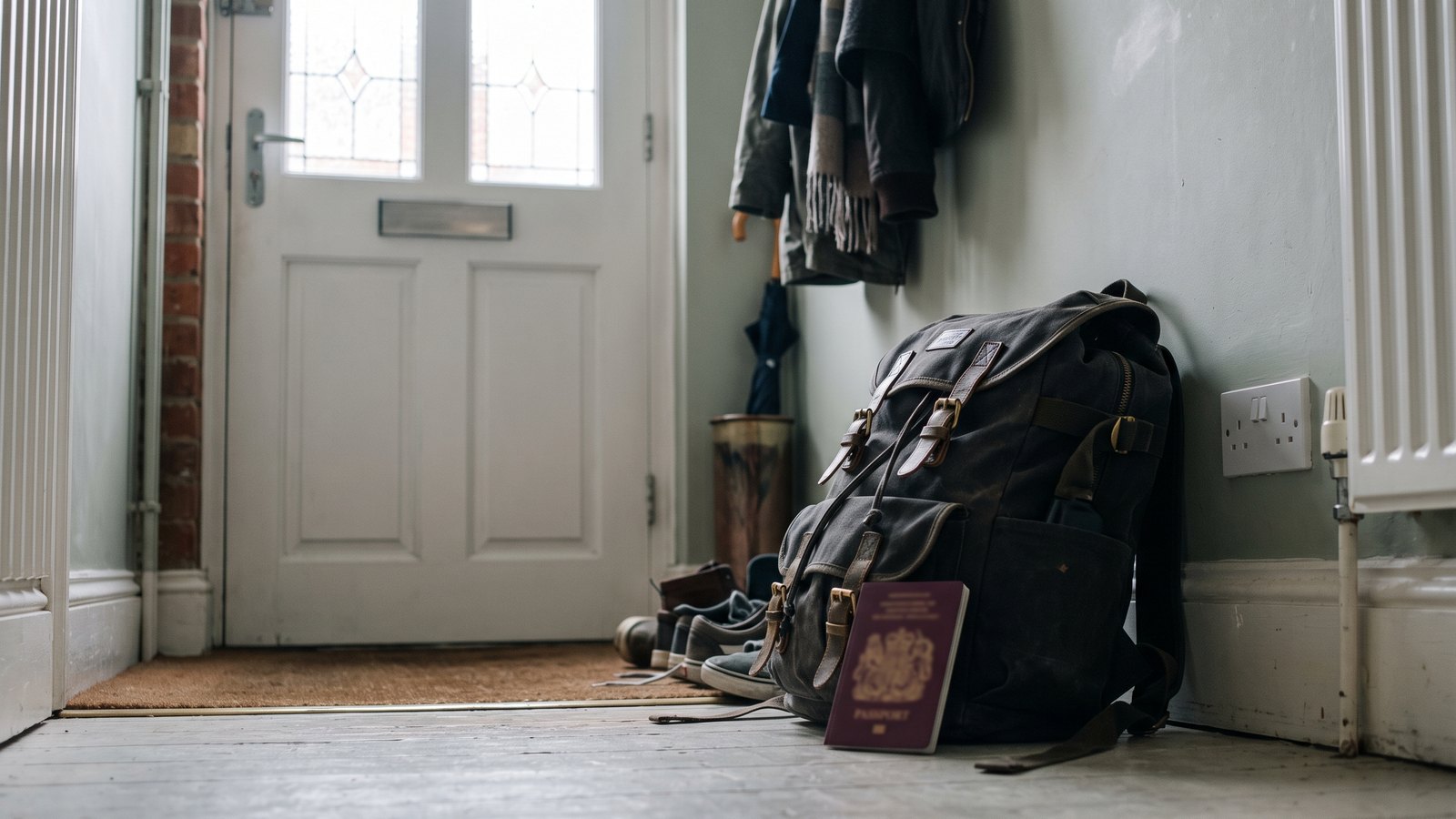 A packed rucksack and passport by a door, ready to go