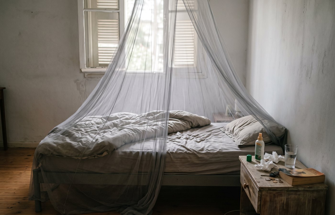 A mosquito net over a bed in a simple room