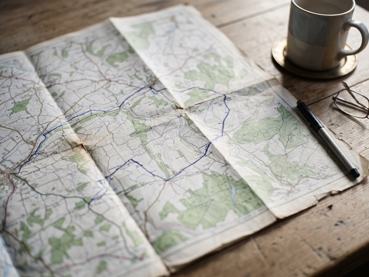 A map spread on a table with a route marked